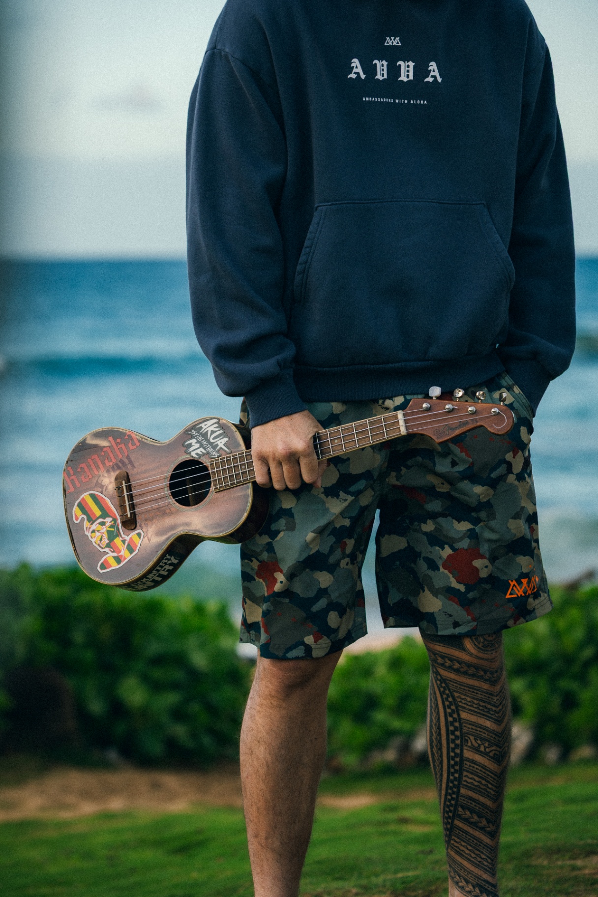 AVVA — camo boardshorts with ukulele